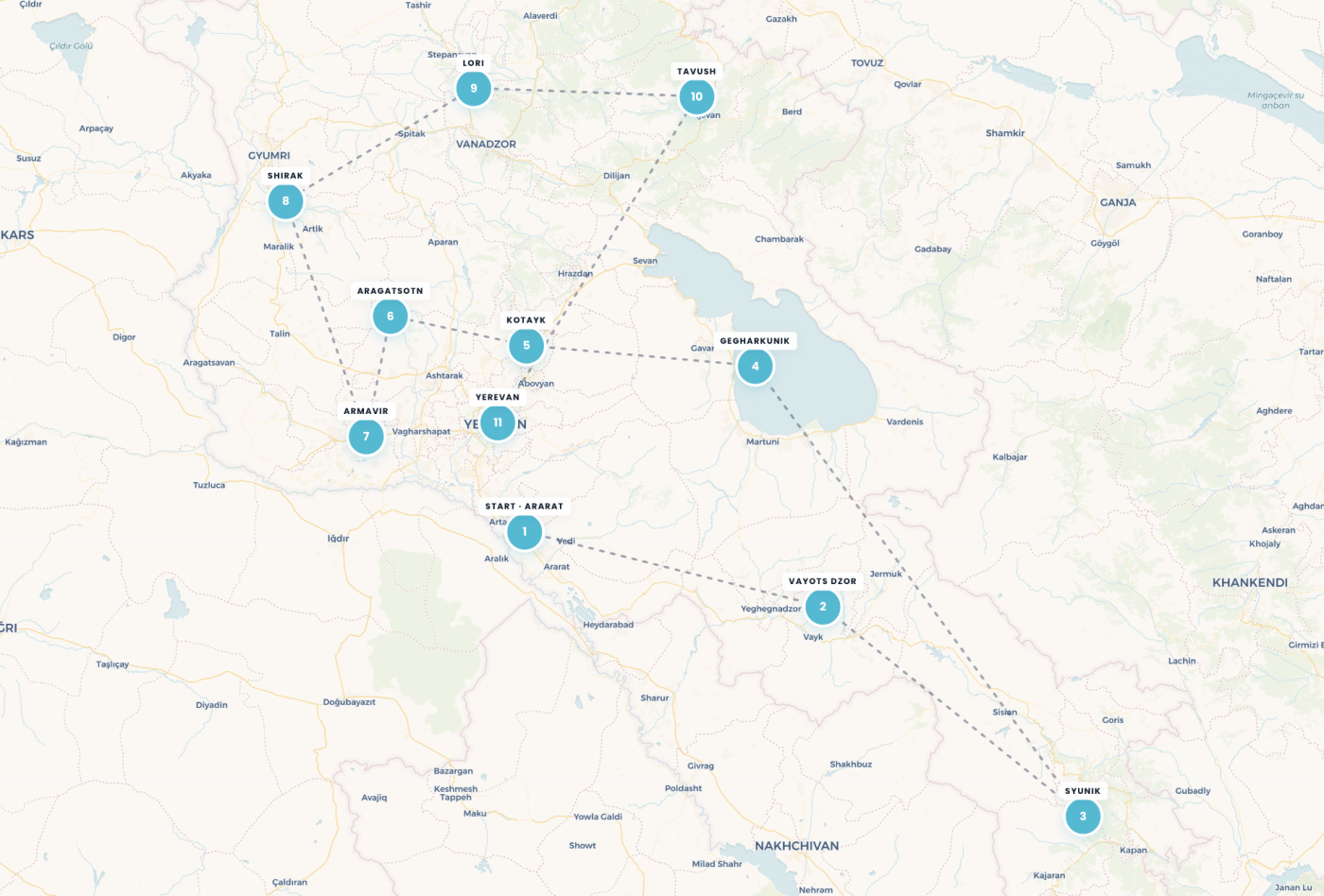 Expedition route across Armenia's 11 regions, Ararat to Yerevan